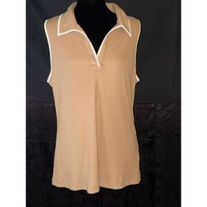 Lands' End Womens XL Tan Ribbed Sleeveless V-Neck Polo Top White Trim Contrast